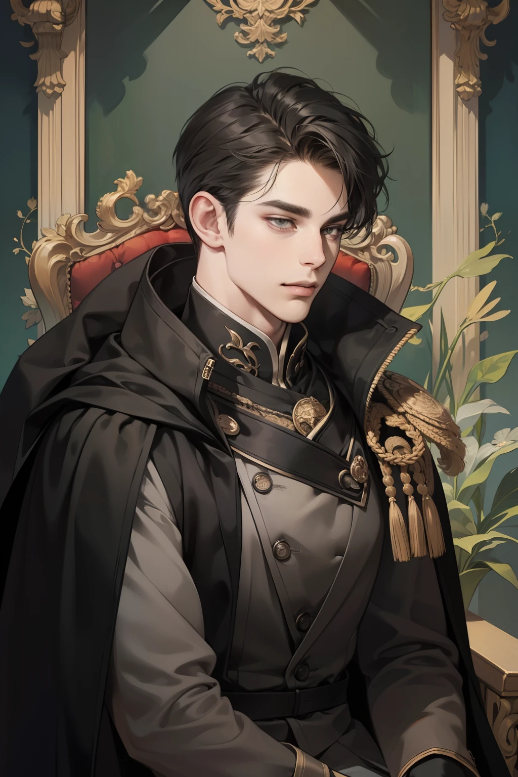 masterpiece, best quality, detailed face, realistic, 1man, mature male, handsome young man, 25 year old, a smirk, closed mouth, portrait, extremely detailed face, cold and smirk, ((dark grey eyes)), ((short-right-swept dark hair)), [thick eyebrows], on the throne, ((long black cape)), ((all black)), (dark grey eyes)