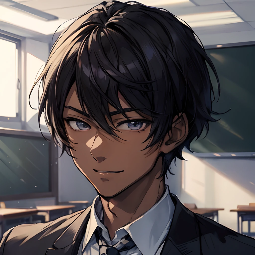 anime boy in a suit and tie in a classroom, smooth anime cg art, detailed digital anime art, high detailed face anime, stunning anime face portrait, detailed anime character art, anime portrait of a handsome man, anime moe artstyle, anime handsome man, anime style portrait, anime portrait, high quality portrait, beautiful anime portrait, young anime man, anime character portrait, smile, dark skin