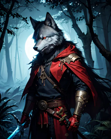a photo of a human with wolf mask, standing in the dark jungle with red eyes, holding sword, surrounded by trees, night, super extremely details, photography, realistic, moonlight, neon light, red light, blue color grading, horror, highly quality, 8k