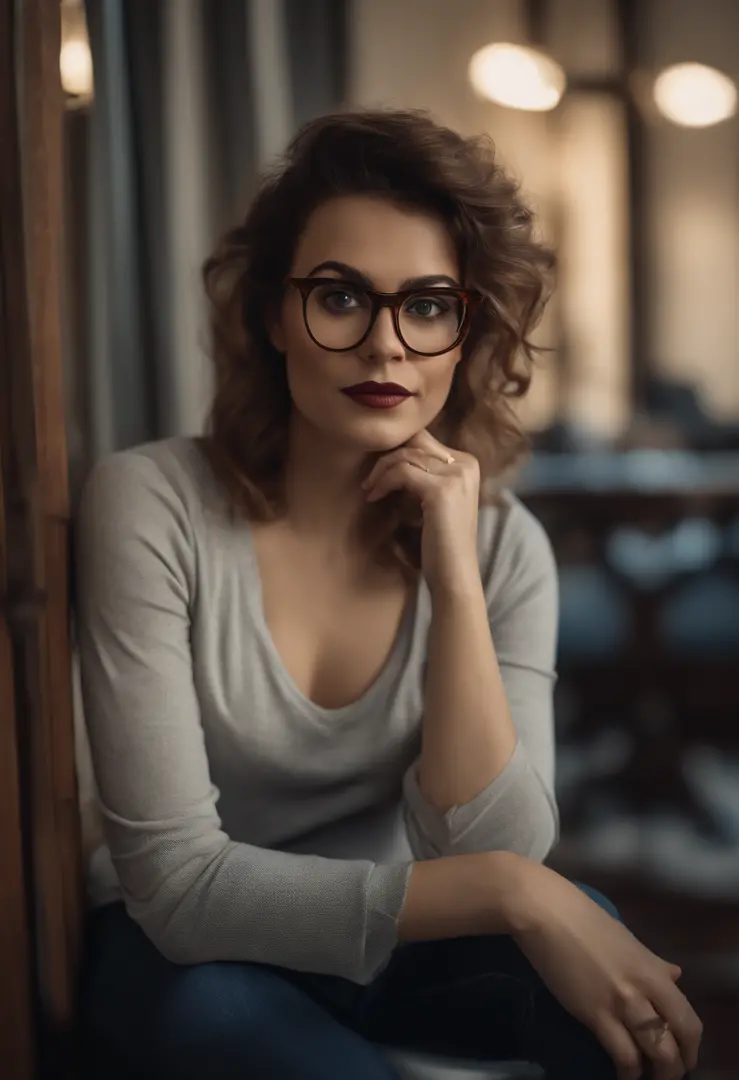 20 years old female, brunette, green eyes, curly light brown hair, glasses  - SeaArt AI