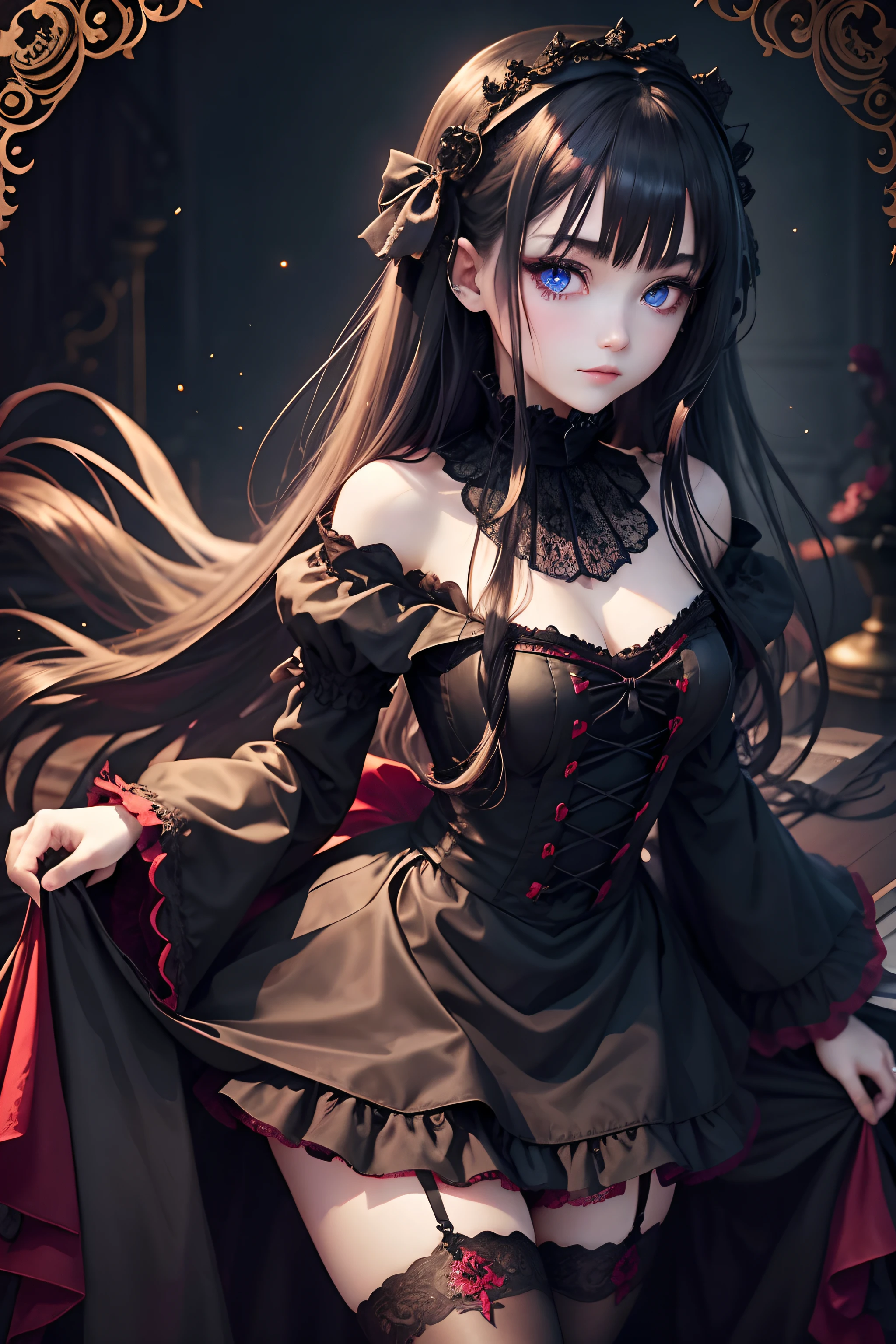 Gothic lolita、gotik、18year old、boredom、A slight smil、shadings、wretched、Beautie、Glamorous、Dark smile、Dark ambient space、Deep、gasp、Gothic Long Dress、Cheek dyeing、Beautiful world、Mysterious、Witchish、bell sleeves、Wizard Sleeve、Aesthetic destruction、universe background、Despressing、Lace red、Blue Eye、Right eye red eye、long straight hair of golden color、Piano performance、piano、Dark Gothic Makeup、Maids、garterbelts、knee high socks、A sexy、Glamour、Ambient、punk、