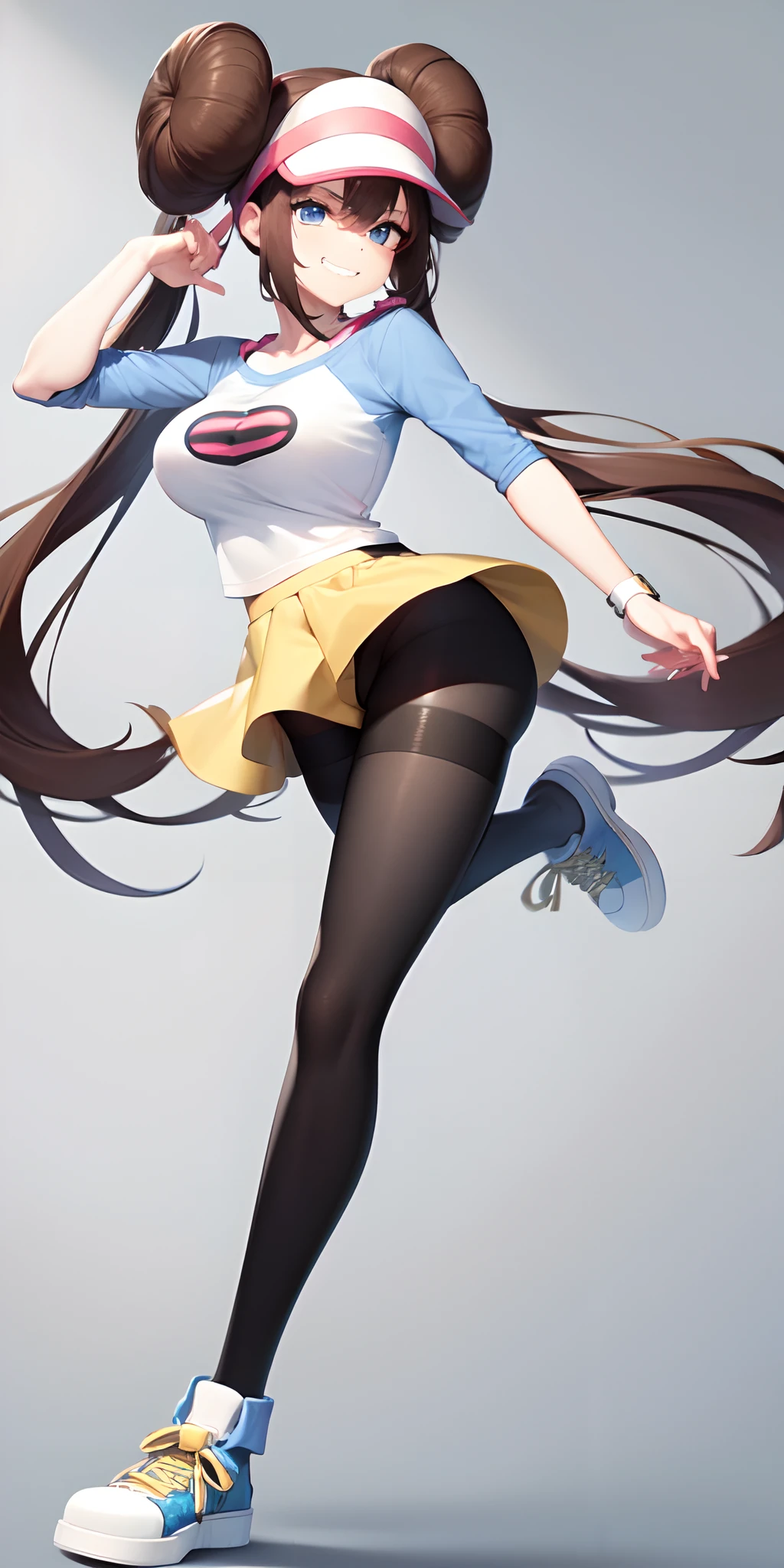 ro1, hair bun, blue eyes, twintails, visor cap, (pantyhose), raglan sleeves, yellow shorts, shirt, pink bow, wristwatch, (foot focus), full body view, (masterpiece, best quality, 8k,4k, high res:1.4), no shoes, 1girl, busty, huge breasts, sock fetish,vivid colors, stocking fetish, perfect legs, seductive grin, punk girl