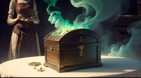 Paint a scene with Pandora's box placed upon a table, emitting green smoke from its openings, while in the background, Pandora gazes at the box with a mixture of admiration and curiosity