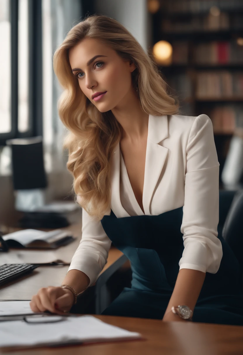 professional, (4k photo:1.1), (Dittmann Anna:0.3), (Arian Mark:0.3), (Sharp focus:1.3), high detail, wearing trendy business clothes, beautiful detailed face, hazel eyes, long blonde hair, body shape, office with desk, with windows ahowing diagonal avenue of Barcelona