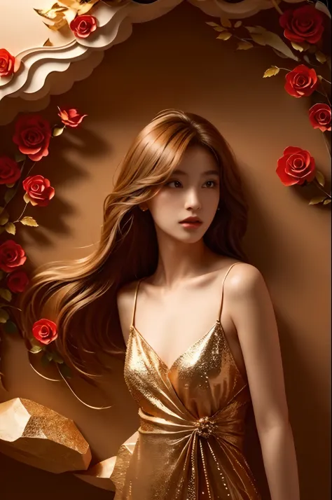 photorealistic,realistic,photography,masterpiece,best quality,ultra-detailed,((1girl)),gold_edge,dress,rock,rose,