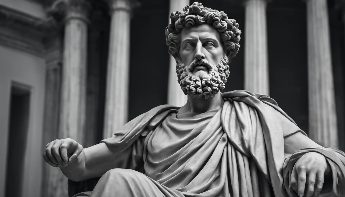 a portrait statue of the stoic Marcus Aurelius in black and white 4K ...