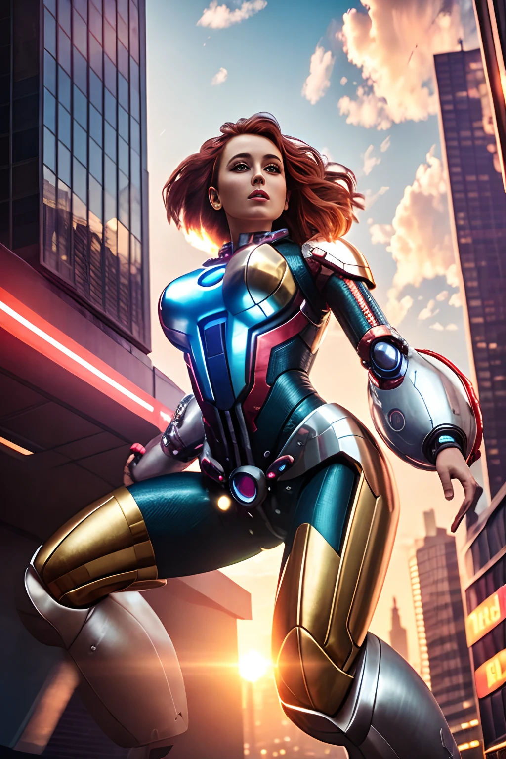 (best quality,4k,8k,highres,masterpiece:1.2),ultra-detailed,(realistic,photorealistic,photo-realistic:1.37),1girl,golden armor without helmet,robotic body parts,cyberware,cybernetic implants,cyberpunk,Ochako Uraraka,shiny armor,futuristic setting,advanced technology,mechanical limbs,powerful presence,bionic enhancements,glowing implants,colorful urban landscape,confident expression,piercing blue eyes,flowing red hair,energetic pose,city skyline,neon lights,high-tech gadgets,superhuman strength,incredible agility,combat-ready stance,flying debris,motion blur,golden sunset,vibrant colors,dynamic composition,detailed background,gritty atmosphere,sci-fi cityscape,feathers floating in the air,action-packed scene,girlboss,empowered heroine.