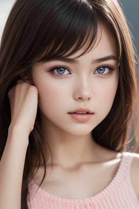 ((1girl in)), ((Best Quality)), (Ultra-detailed), (extremely detailed CG unified 8k wallpaper), Highly detailed, High-definition raw color photos, Professional Photography, Brown hair, Amazing face and eyes, Pink eyes, (amazingly beautiful girl), School, c...