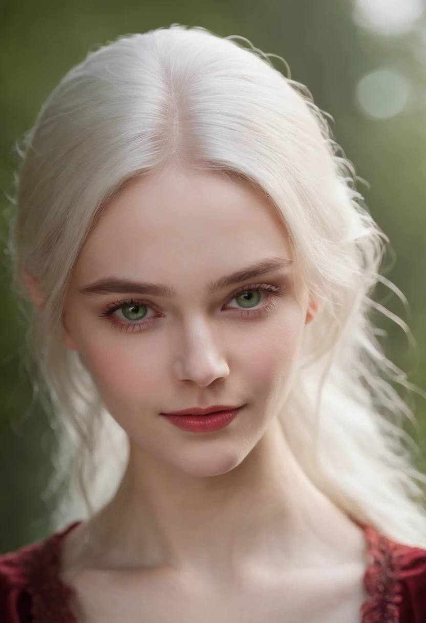 (((a deep reddish wound crosses her left cheek))) fair complexion, woman around 1, natural white hair, distinctive green eyes, wearing kohl, slender and graceful, beautiful, candlelight in a medieval setting, large smile,ultra sharp focus, realistic shot, medieval female clothes, tetradic colors (scar:1.4)