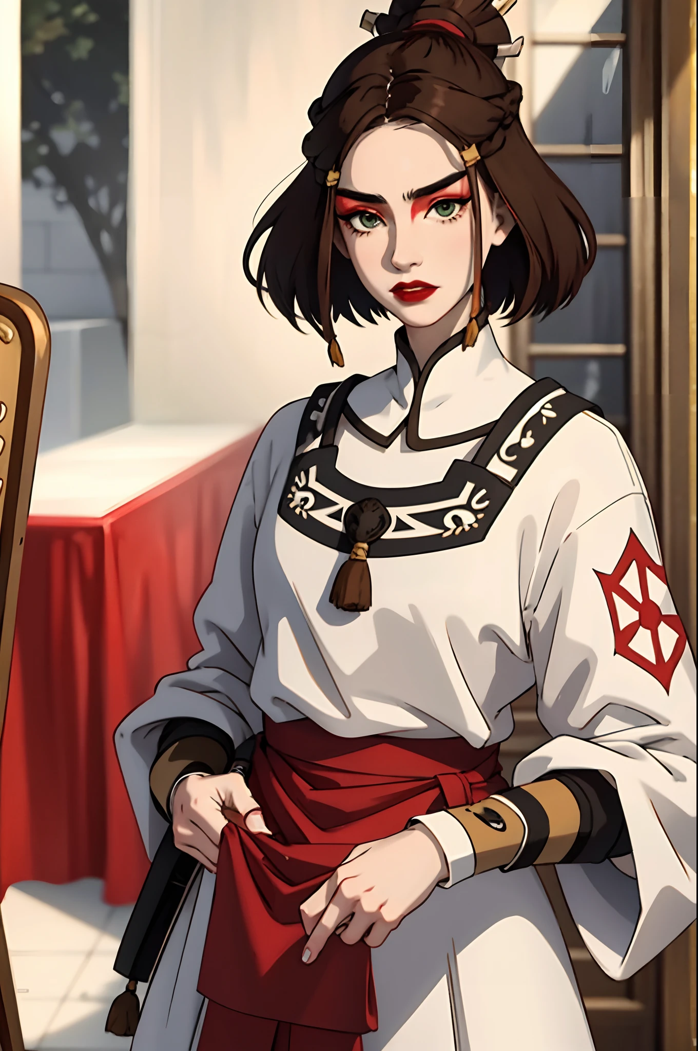 (masterpiece:1.2, best quality), (real picture, intricate details), 1lady, solo, upper body, casual, long hair, heavy makeup, white face, red lipstick, red eyeshadow, natural fabrics, close-up face, serious, warrior, female warrior, armour, short brown hair, green eyes, Suki (Avatar the Last Airbender), Suki, warrior, short hair.
