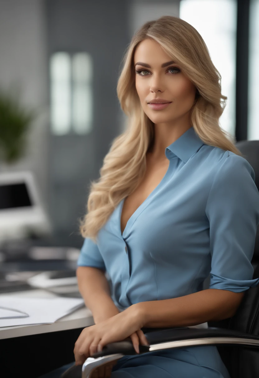 professional, (4k photo:1.1), (Arian Mark:0.3), (Sharp focus:1.3), high detail, wearing trendy business clothes, beautiful detailed face, hazel eyes, blonde hair,  body shape, office board room with desk