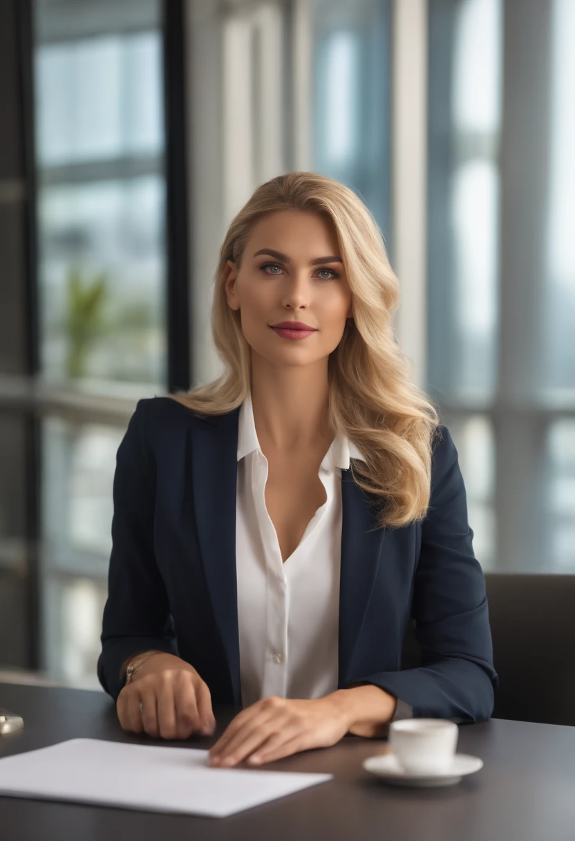 professional, (4k photo:1.1), high detail, wearing business clothes, beautiful detailed face, hazel eyes, not too long blonde hair, body shape, office board room with desk, windows with barcelona views