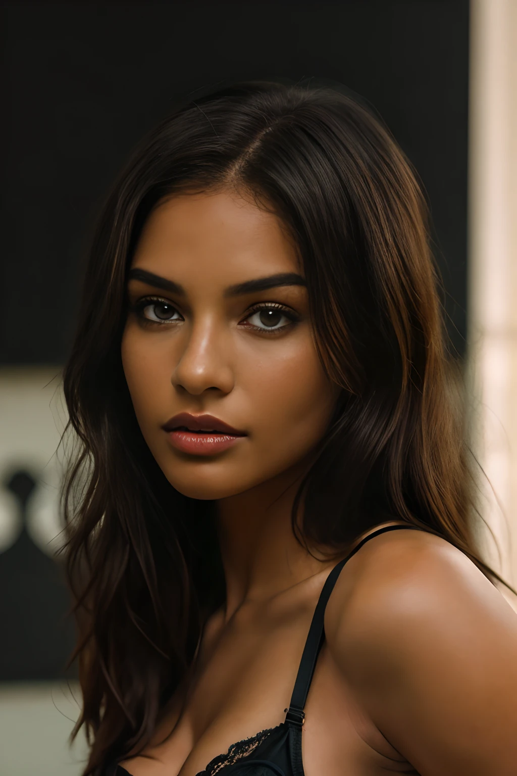 (close-up, editorial photograph of a 2 woman), araffed woman in a black bra top posing for a picture, violet myers, sexy girl with dark complexion, portrait sophie mudd, seductive lady, young black woman, in a black betch bra, black bra, gorgeous latina face, photo of a black woman, photo of a beautiful woman, black young woman, olive skinned, she has olive brown skin,, (highly detailed face:1.4) (smile:0.7) (background inside dark, moody, private study:1.3) POV, by lee jeffries, nikon d850, film stock photograph ,4 kodak portra 400 ,camera f1.6 lens ,rich colors ,hyper realistic ,lifelike texture, dramatic lighting , cinestill 800,