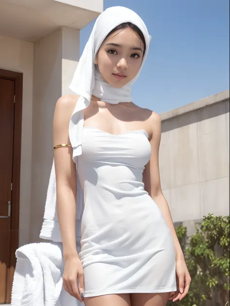 (​masterpiece), (top-quality), (white Tube top extremely small dress:1.5), (exposed shoulders:1.5), (towel fabric:1.5), (blushed face:1.3), (barechested:1.3), (realistic:1.5), 1 malay girl in hijab, precise small hands, Embarrassed look, Smile, extremely c...