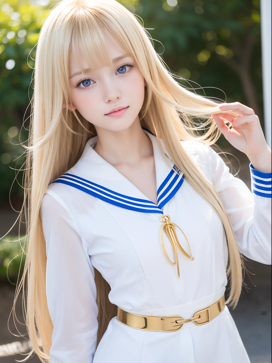 The most beautiful girl in the world, White, firm and shiny skin, Bangs between the eyes, Beautiful blonde shining with gold, Super Long Straight Silky Hair, eye line, Sexy beautiful innocent 15 years old, High definition big beautiful bright blue eyes, Beautiful and nice girl, Baby face, japanese sailor suits、student clothes