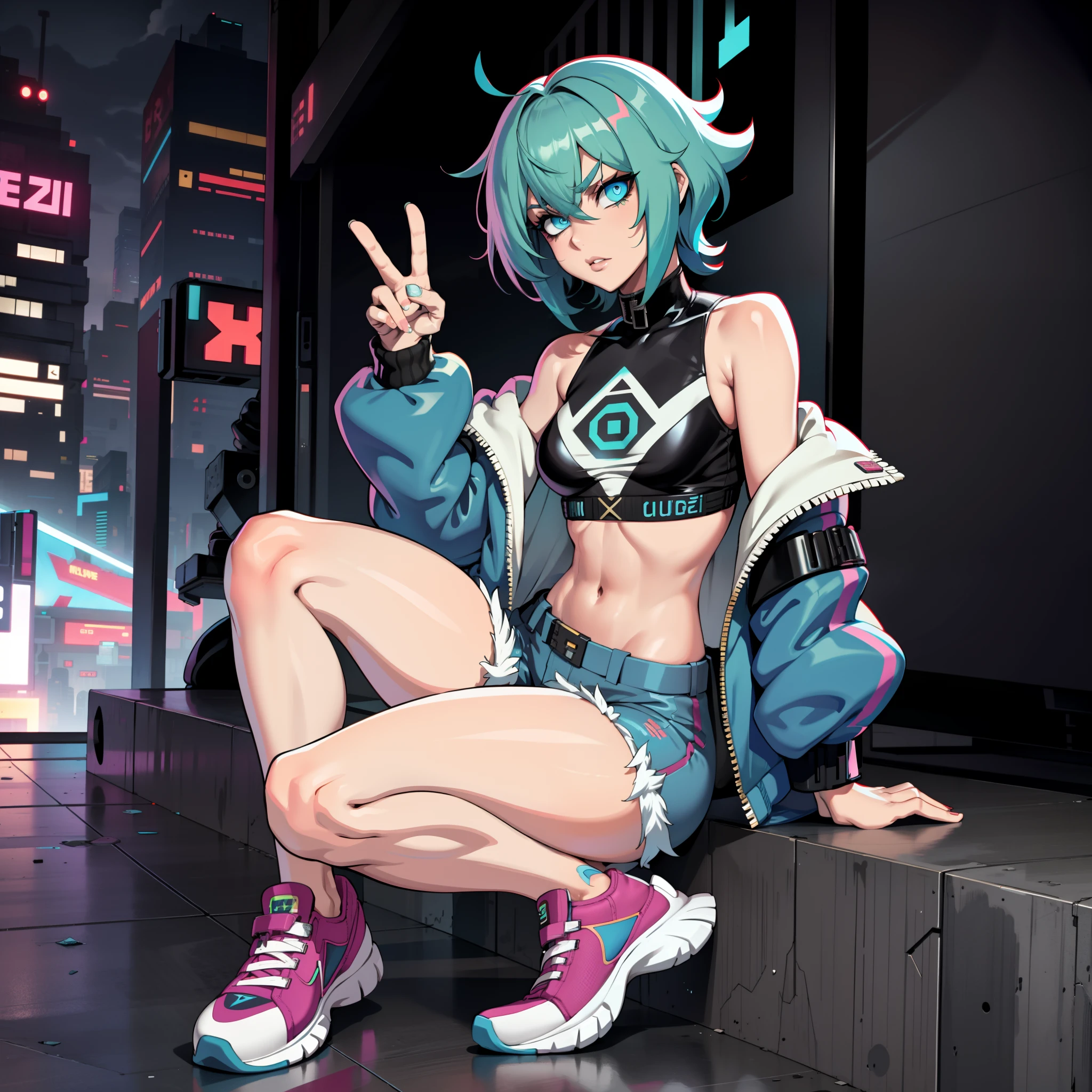 cyberpunk femboy In cargos, or booty shorts, sneakers, and a oversized varsity jacket! Blur shaggy hair, blue eyes, (SUPER FLAT CHEST)(FLAT CHEST), solo, alone