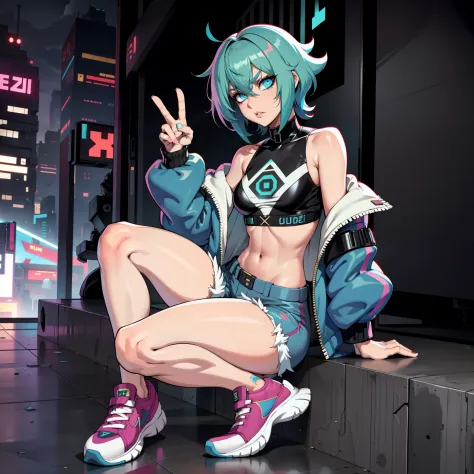 cyberpunk femboy In cargos, or booty shorts, sneakers, and a oversized varsity jacket! Blur shaggy hair, blue eyes, (SUPER FLAT ...