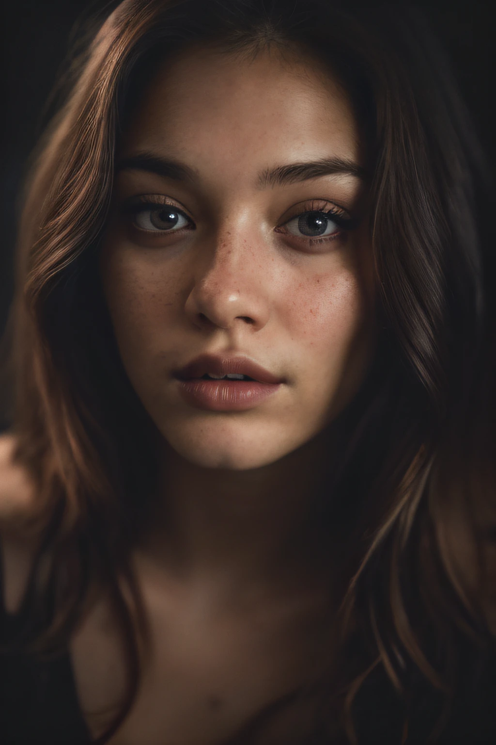 (close-up, editorial photograph of a 21 year old woman), (highly detailed face:1.4) (smile:0.7) (background inside dark, moody, private study:1.3) POV, by lee jeffries, nikon d850, film stock photograph ,4 kodak portra 400 ,camera f1.6 lens ,rich colors ,hyper realistic ,lifelike texture, dramatic lighting , cinestill 800,