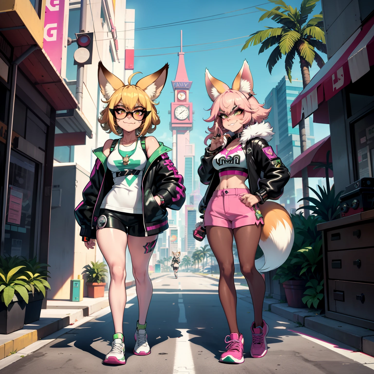 Two anime girls in short shorts and jackets walking down a street - SeaArt  AI