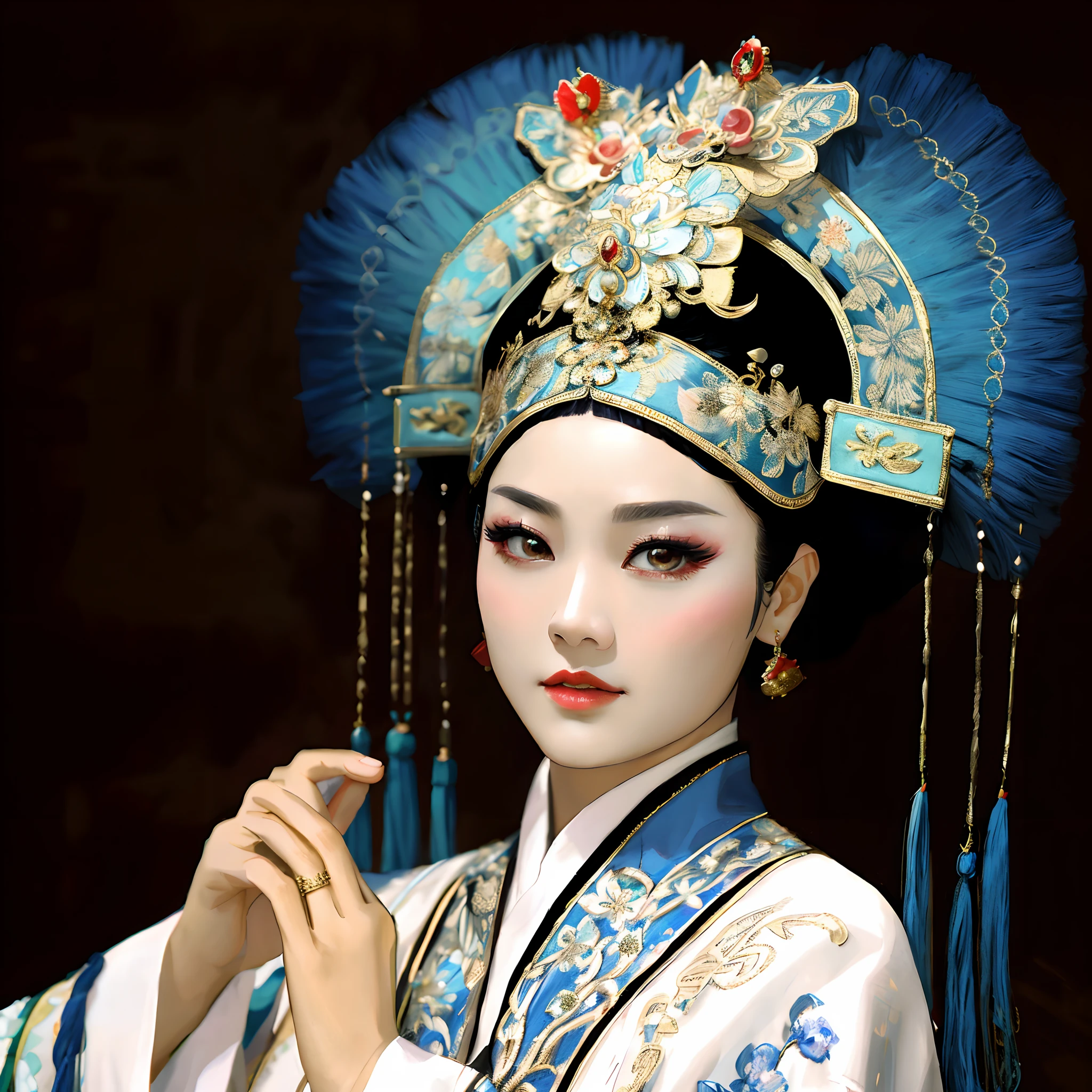 (best quality,4k,8k,highres,masterpiece:1.2), ultra-detailed, (realistic,photorealistic,photo-realistic:1.37), portraits, vivid colors, studio lighting, traditional Chinese opera, blue and white costume, intricate makeup, elegant headdress, delicate jewelry, regal posture, imperial palace backdrop, classic opera stage, graceful hand gestures, dramatic facial expressions, Chinese empress, intricate embroidery, flowing sleeves, ancestral heritage, ornate clothing details, meticulous hair styling, culturally rich scene, vibrant color palette, rich cultural symbolism