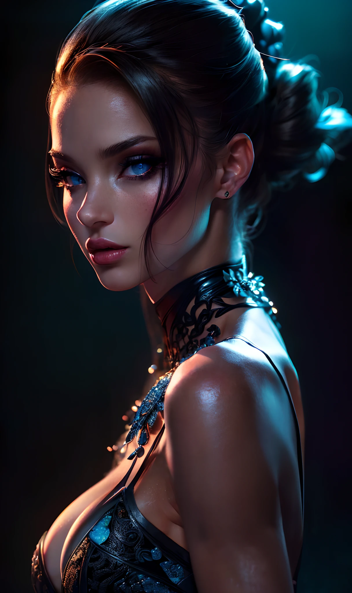 model woman, medium breast, intricate body, Halloween outfits, black light blue dress, black backdrop, 3 color depth lighting, backlit beautiful face, intricate nature, face by Artgerm, character concept, dramatic lighting effect,