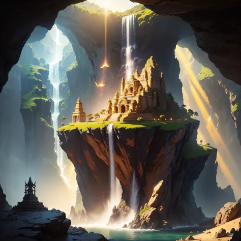 an Alien space ship UFO in a cave where there is a Inca god statute of gold with warrior attire, with a water fall and lots of treasure in the background sun light coming from a hole on top of the cave, shining on the statute giving it a beautiful glow, su...