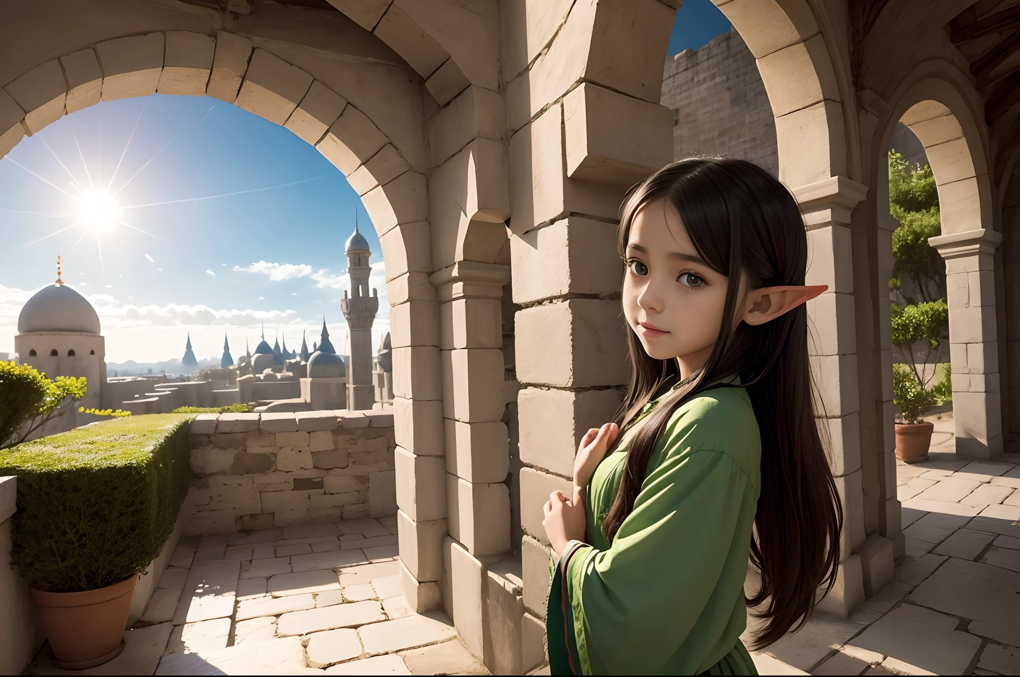 an adorable little half-elf girl is playing in a walled courtyard in a fantasy city with her cousins and friends. She has black hair, pale brown skin, and green eyes, and has a generally middle-eastern appearance. She is about 10 years old. The sun is shining brightly. Adult half-elves are looking on from the sides. The scene is full of fun and energy.