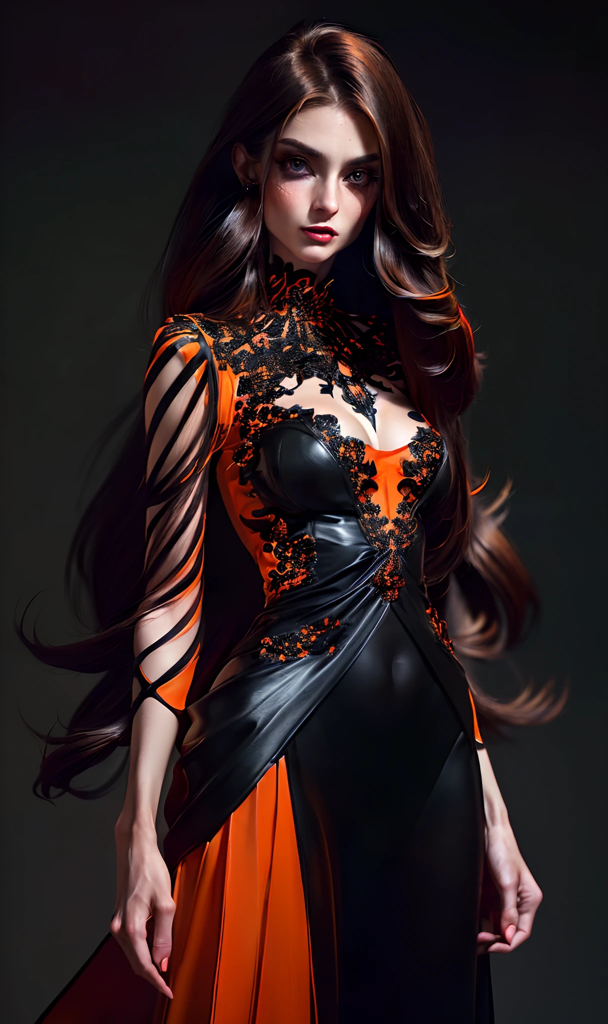 model woman, medium breast,  (((orange black long messy hair)))intricate body, Halloween dress symmetrical face, character concept art. by Ashley Wood