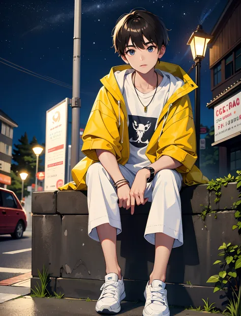 A young boy with，dressed in casual attire，Wear sneakers，With a necklace，Sit under a street lamp，the night，Looking at the stars i...