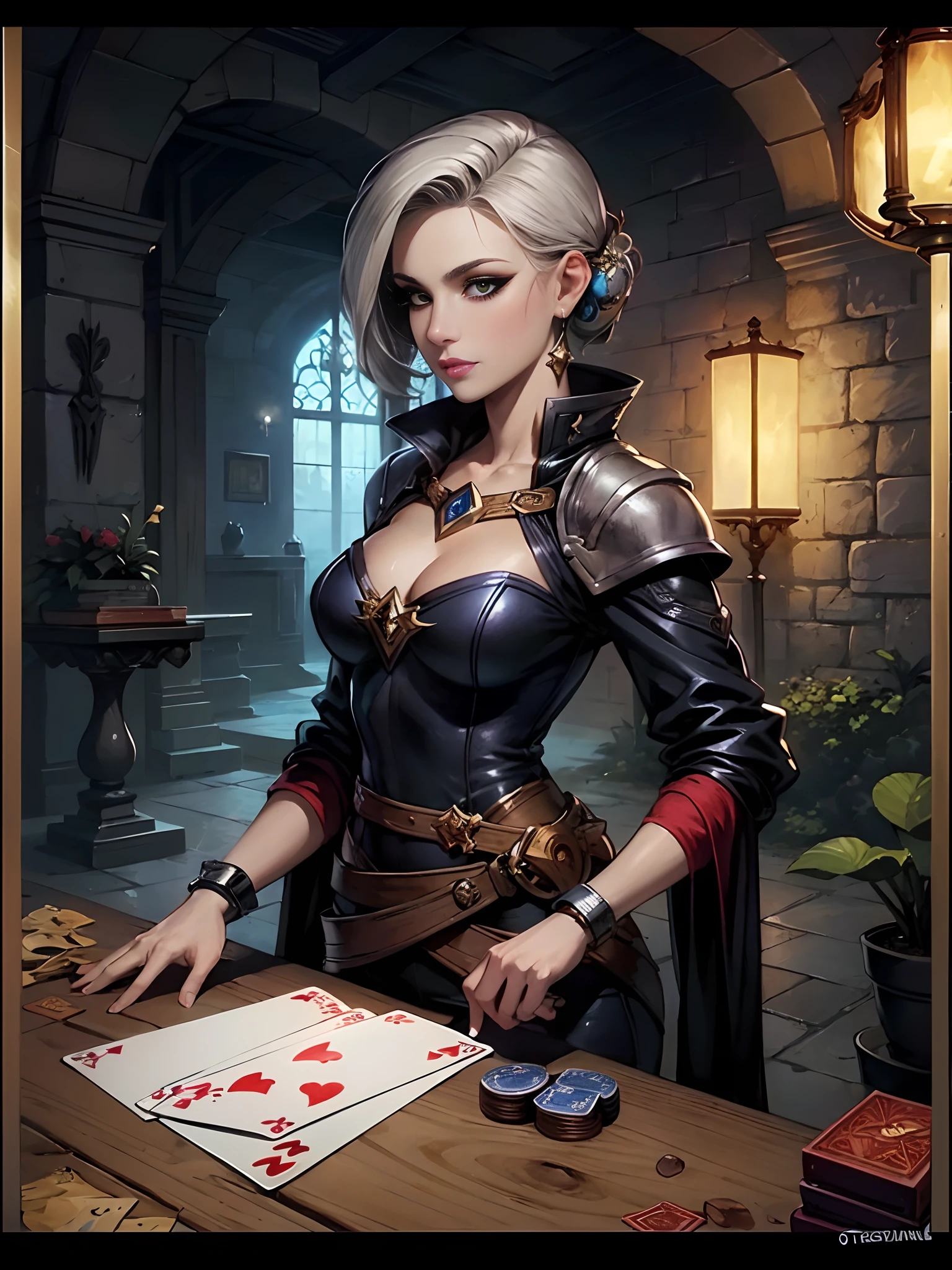 A woman in a black dress is playing cards at a table - SeaArt AI