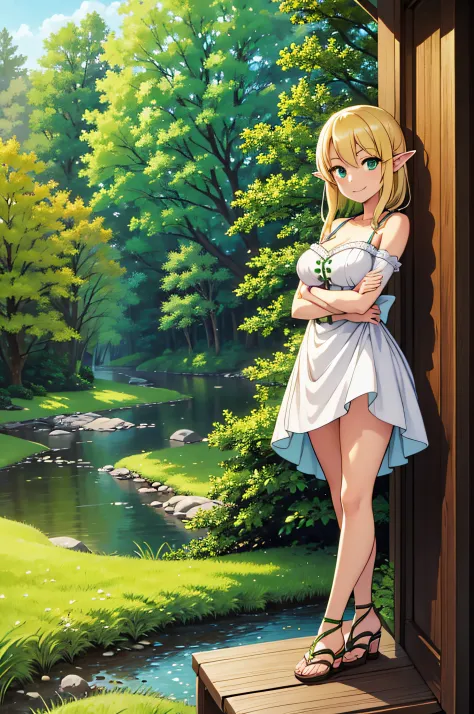 masutepiece, Best Quality, 1girl in, elf, Green eyes, Blonde, (Standing:1.1), (forest:1.1), POV, Perfect eyes, Arms at sides, Ri...