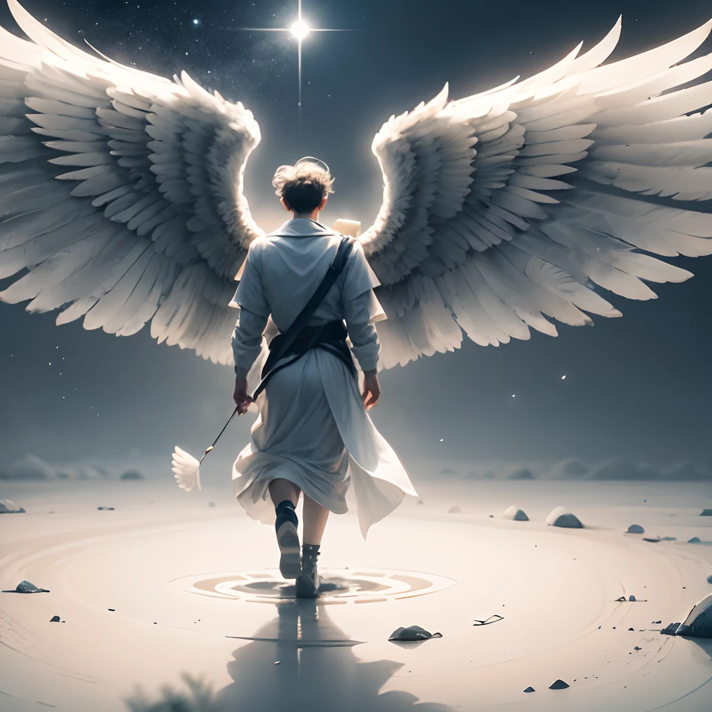 create image of sad adult angel with white wings on his back walking, white  background --auto --s2 - SeaArt AI