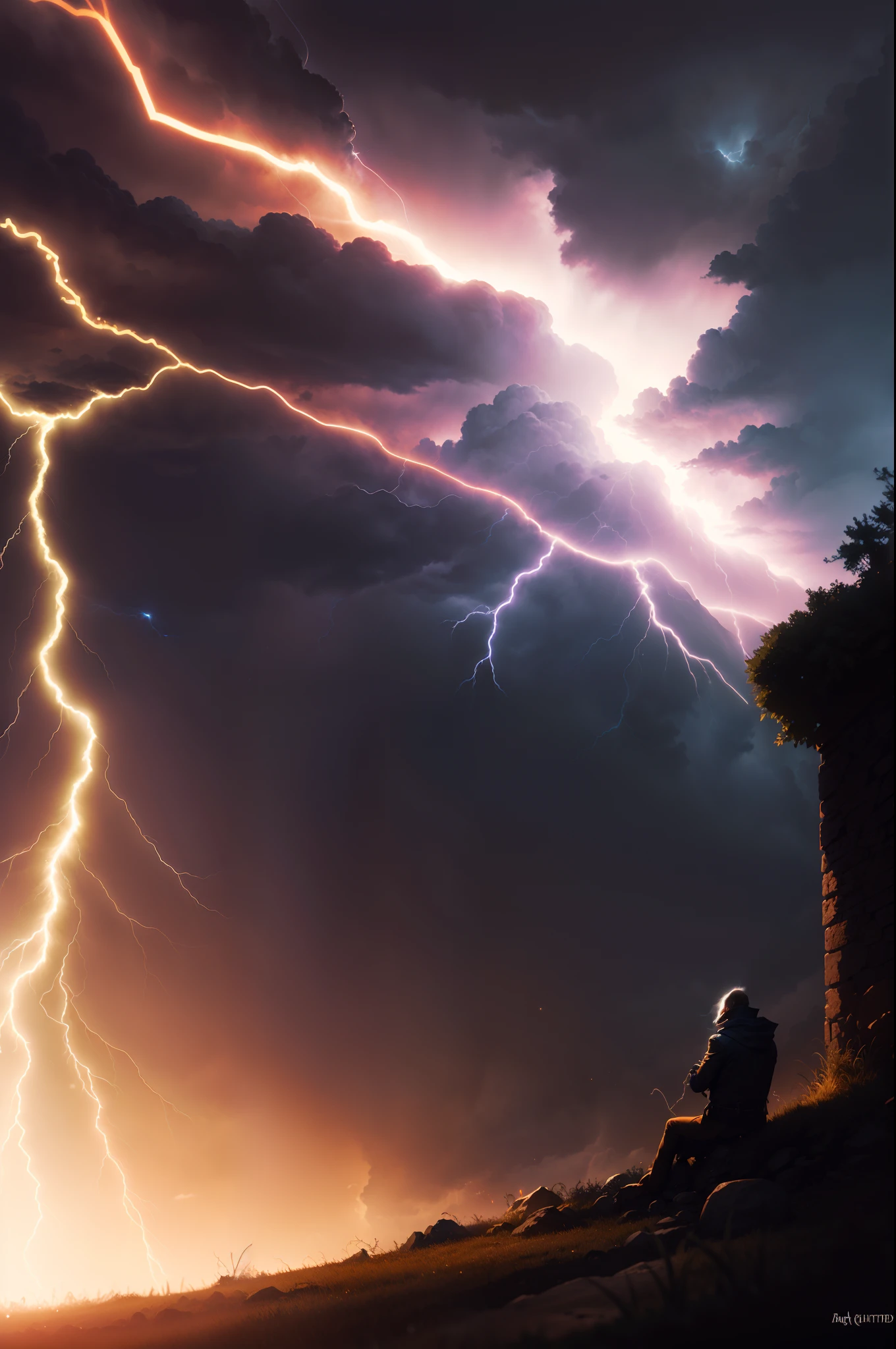 A bolt of lightning falls from a dark sky on a man sitting on a bench, Detailed lighting and thunder, cinematic lightning and colors, lightning fantasy magic, dramatic lighting. arte conceitual, dramatic volumetric lightning, cinematographic lightning, lightning behind, epic clouds and lighting, cinematic lighthing, epic lightning, tempestade lighning, trovoada ao fundo, fantasy atmospheric lighting, amazing lightning art, magic and lightning