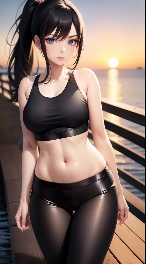 solo, 1 mature woman, ponytail black hair, blue eyes, black legging and black tanktop, sixpack belly, 8k resolution, ultra-detailed, masterpiece, highest quality, (sunset), (on the wooden bridge), sweat
