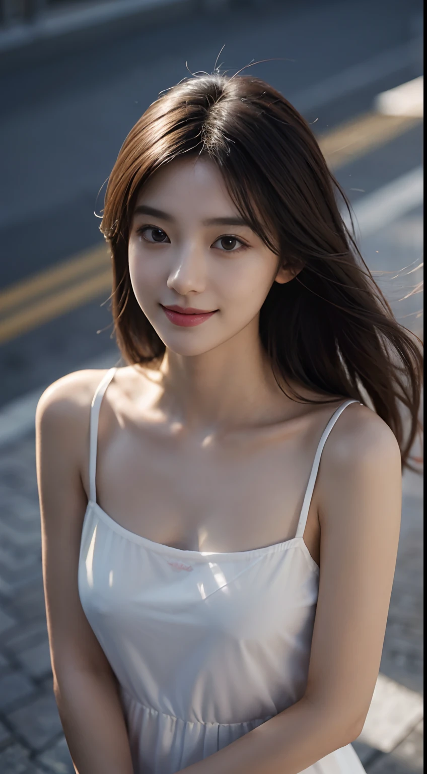 tmasterpiece，Highest image quality，insanely detaileda，delicate facial portrayal，(（Casual wear）)，8K分辨率，Delicate face，Lover's smile，Lovely incomparable beauty，Delicate and translucent eyes，long silver messy hair，Street，(Gorgeous light and shadows)，Soft Focus，real shadow，8K HD，upper body closeup，depth of fields，Beautiful smooth collarbone，Medium chest，ultraclear，From  above