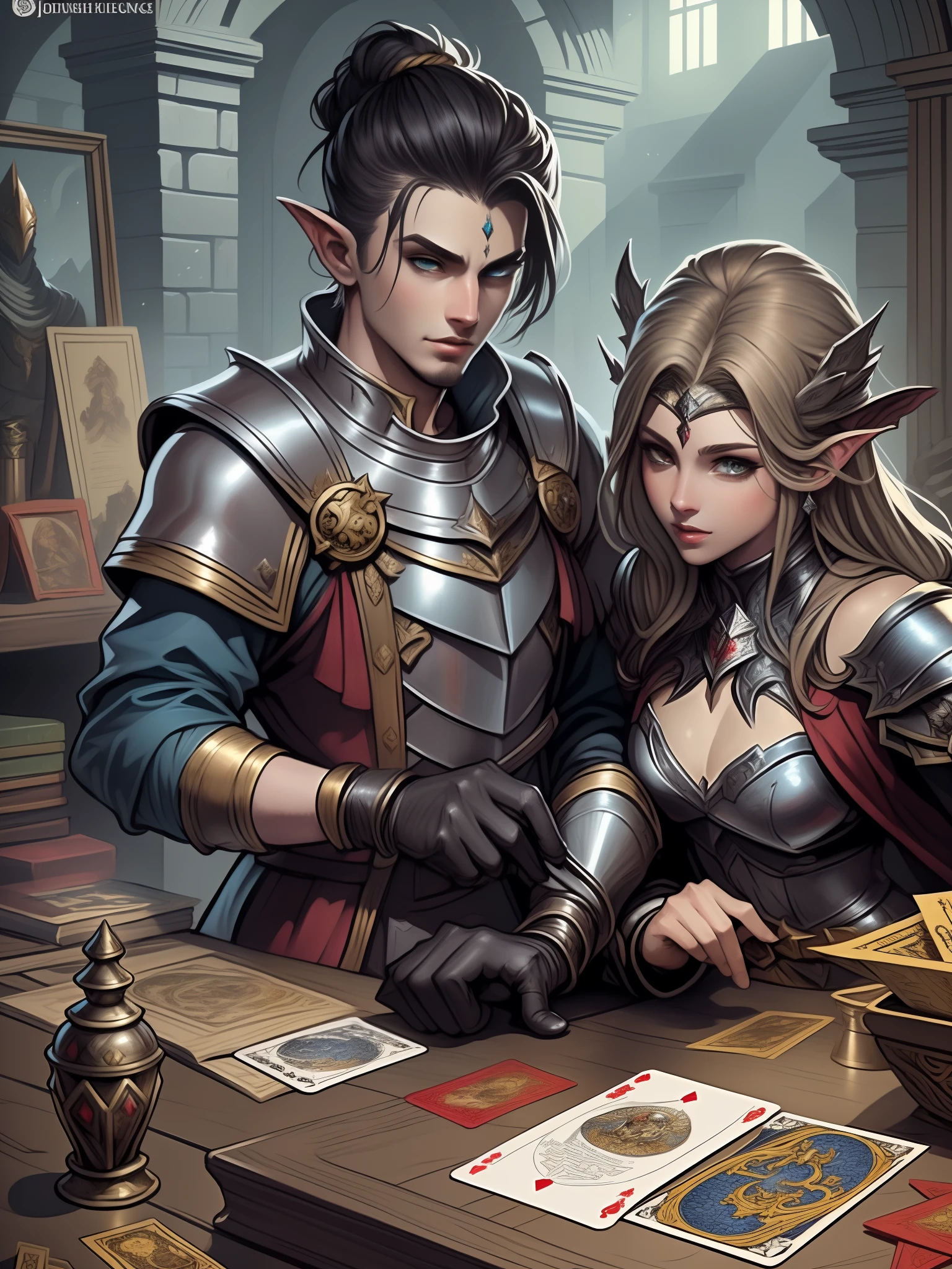 image arafée d&#39;une paire de personnes en armure jouant aux cartes, Art du jeu de cartes fantastique, Illustration MDN de haute qualité, art de la carte mdn, Art du jeu RPG, illustration du livre de règles du RPG, illustration de jeu de cartes, portrait de donjons et dragons, art du jeu de cartes épique fantastique, illustration de livre de RPG fantastique, d&D Portrait, art du jeu de cartes fantastique épique, illustration de jeu de rôle