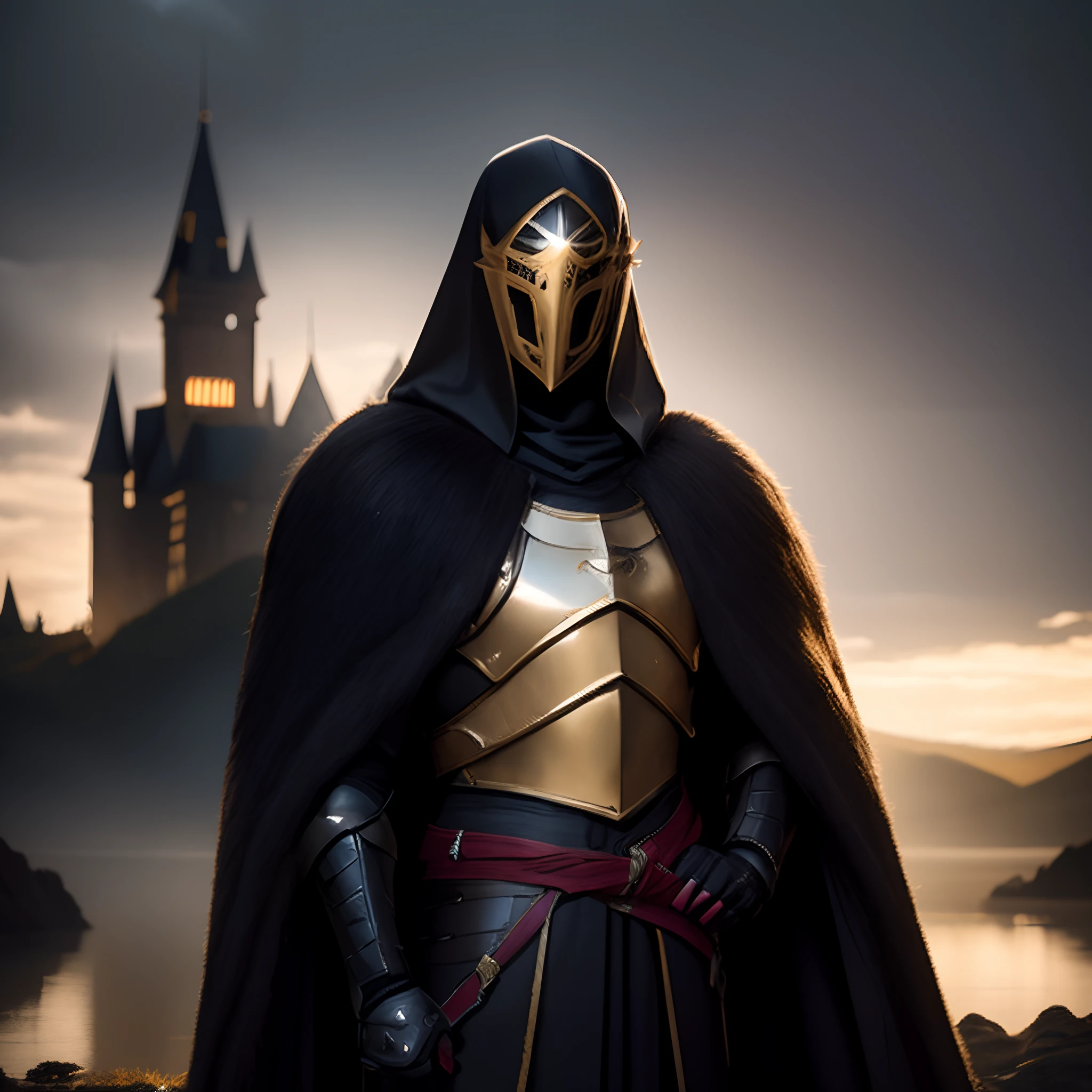 chevalier arafed en armure dorée et cape noire devant un château, portrait complet du chevalier magique, Photo de personnage fantastique, Armure noire et dorée, Soirée League of Legends, chevalier corbeau anthropomorphe, chevalier maléfique, Le chevalier du Hollow Knight, posant comme un chevalier, Arsène Lupin en paladin, Armure noire et dorée