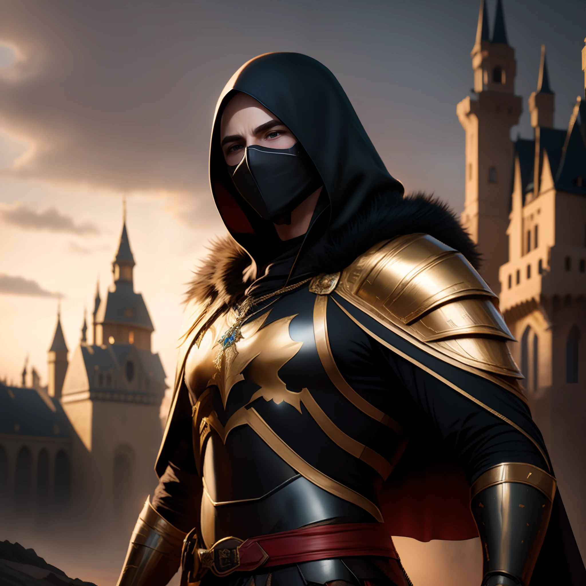 Chevalier Arafed en armure complète avec un masque debout devant un château, Anor Londo, Armure noire et dorée, Cassandra Caïn en Satin, Armure noire et dorée, Arsène Lupin en paladin, art du personnage du moteur irréel, mk ninja, Tuomas Korpi et Wlop, porter une armure d&#39;assassin en cuir, héros de puissance et de magie, Cassandra Caïn