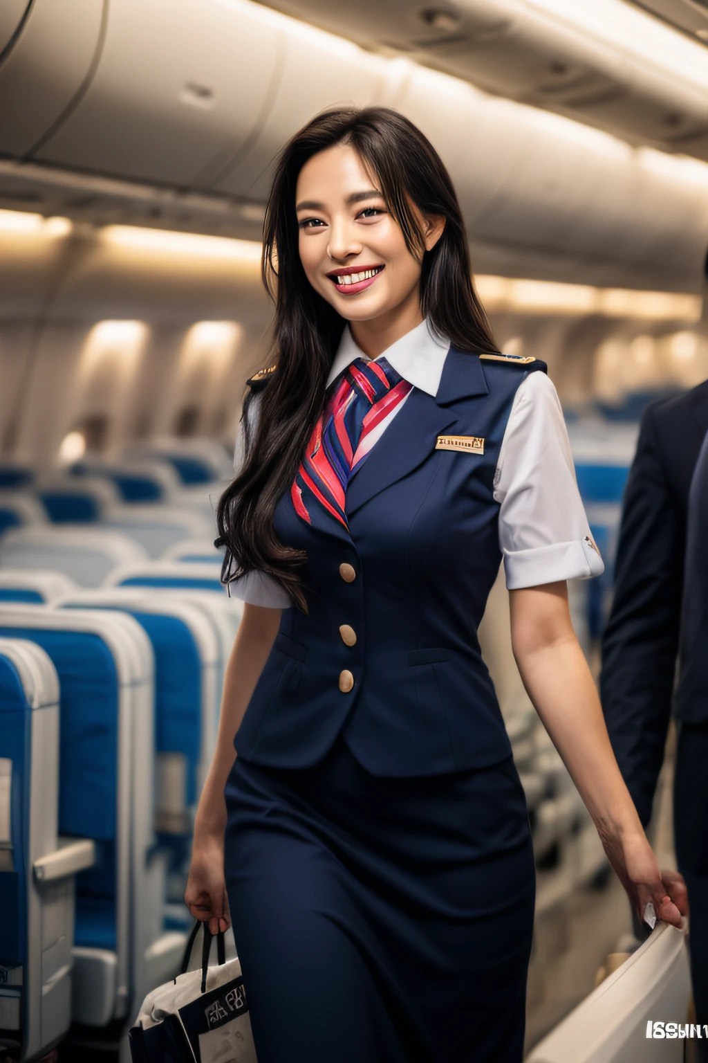 1womanl, 40 years、hyperdetailed face、Detailed lips、A detailed eye、double eyelid、(Black bob hair、Smiling while walking gracefully down the aisle)、(Stewardess uniform:1.2)、(Glamorous body)、(Colossal tits)、thighs thighs thighs thighs, Perfect fit, Perfect image realism, Background with: (Business Class aisle on airplanes:1.2), Cowboy Shot, In-depth background, detailed costume, Perfect litthing、Hyper-Realism、(Photorealsitic:1.4)、8K maximum resolution, (​masterpiece), ighly detailed, Professional