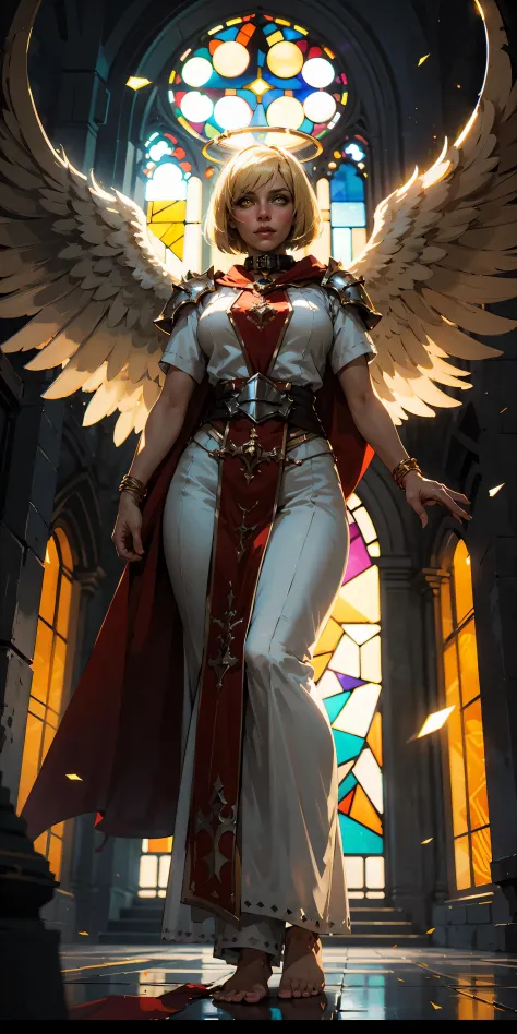 low angle, from below, paladin templar lady in white tabard, legwear, glowing yellow eyes, collar, golden chainmail, wide hips, barefoot, angel wings, pauldrons, halo, bob cut, blonde, eye focus, red cape, temple indoors, decorations, stained glass windows...