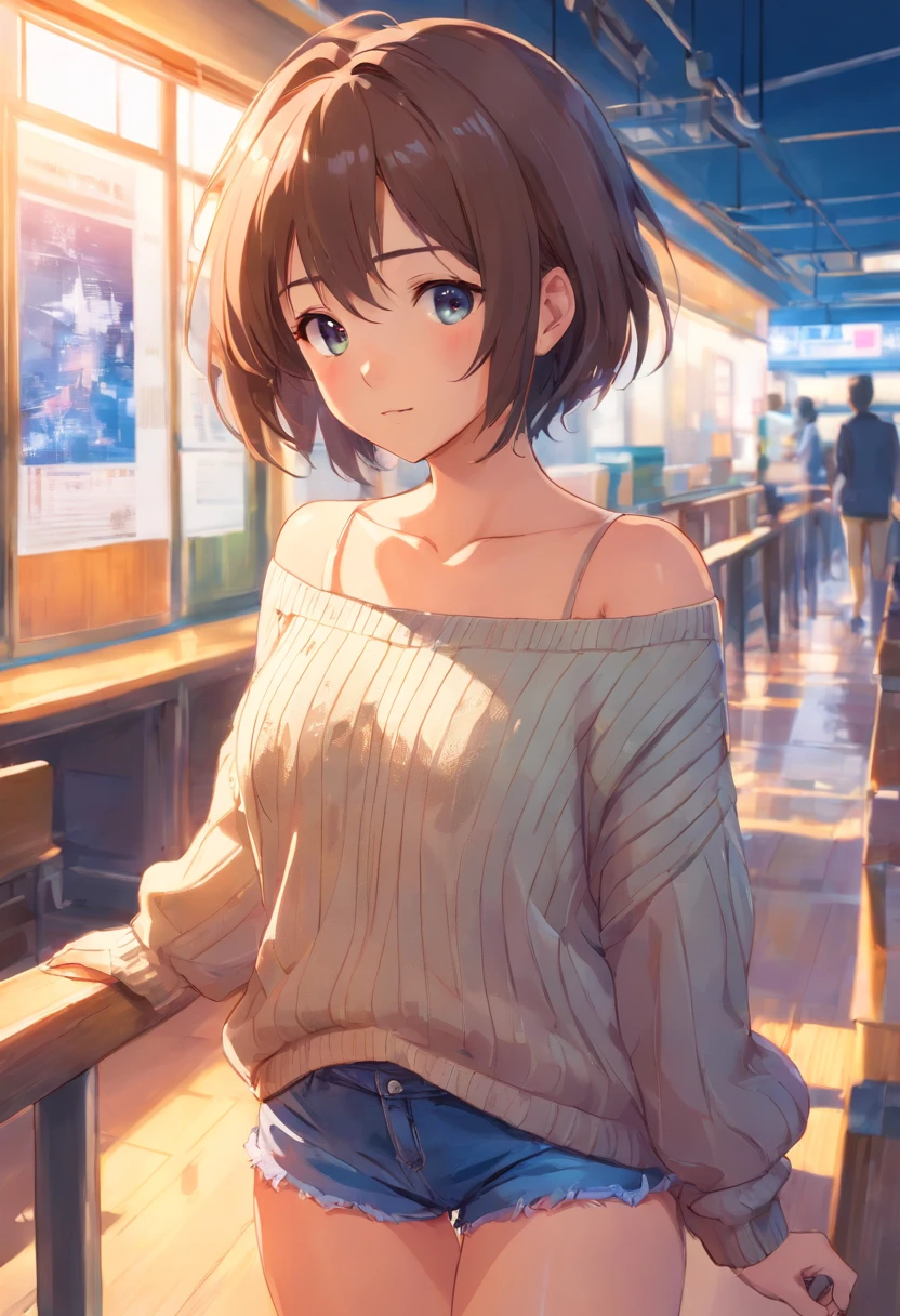 Anime girl in short shorts and sweater standing in a subway station -  SeaArt AI