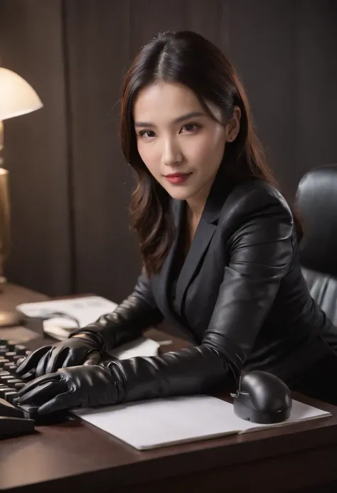 Wearing black leather gloves on both hands, Upper body, Black business ...