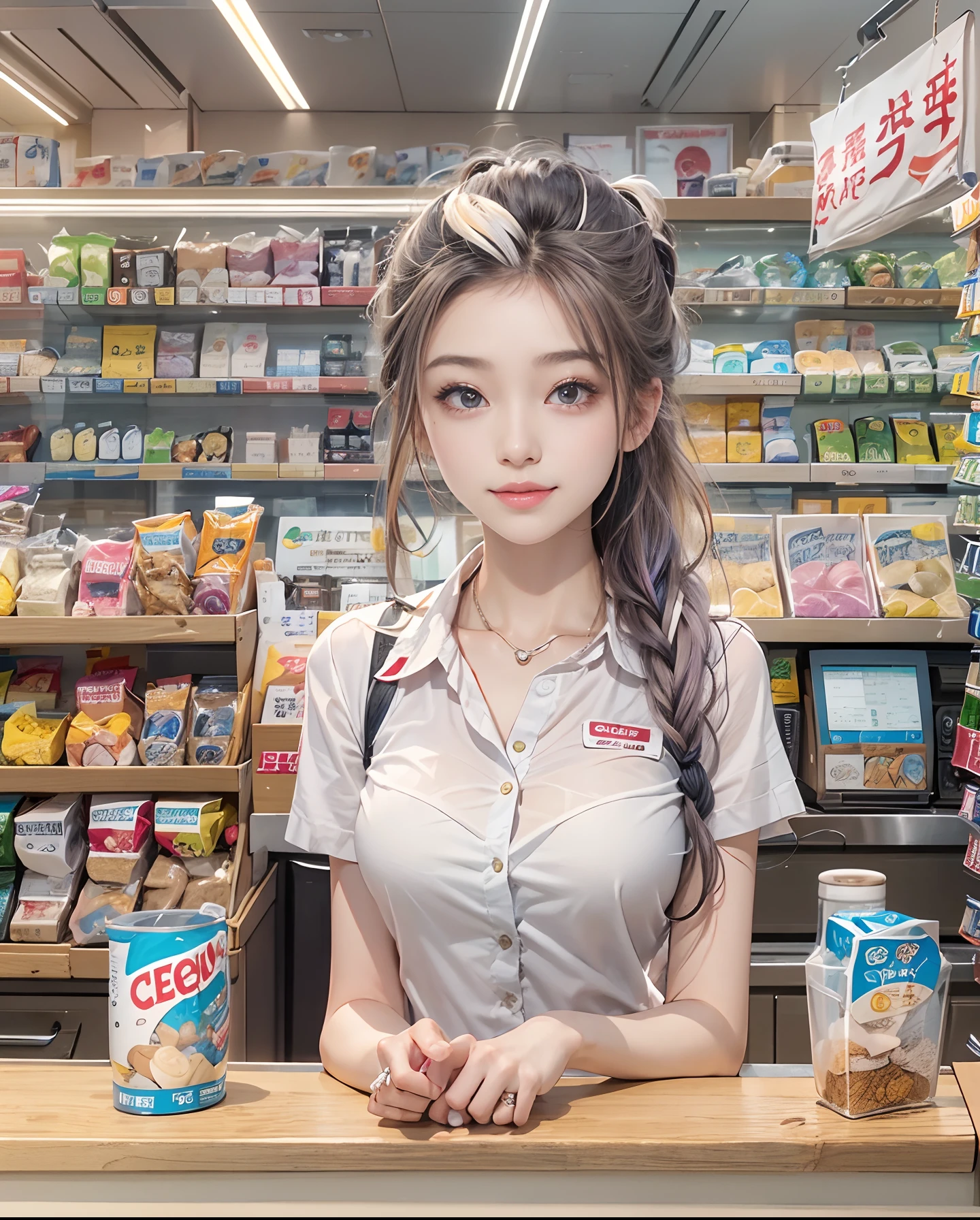 masutepiece、hight resolution、The convenience store of the future、Convenience store clerk、30-year-old girl、１Girl clerk、Looking at the camera、smil、Finish as shown in the photo、Cash register and beauty、the skin is white and beautiful、hair is short and beautiful、inner colored、Hair should be tied back、