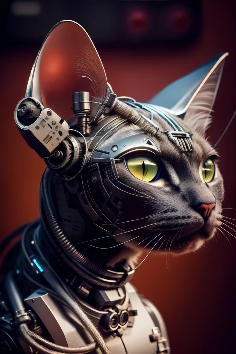 there is a cat with a head made of wires and wires, cyborg cat, a cyborg cat, cyberpunk cat, cyborg kitten, robot cat, robotic cat, steampunk cat, cat robot, industrial robotic cats, armored cat, inside a mechanical cat's head, 4k highly detailed digital a...