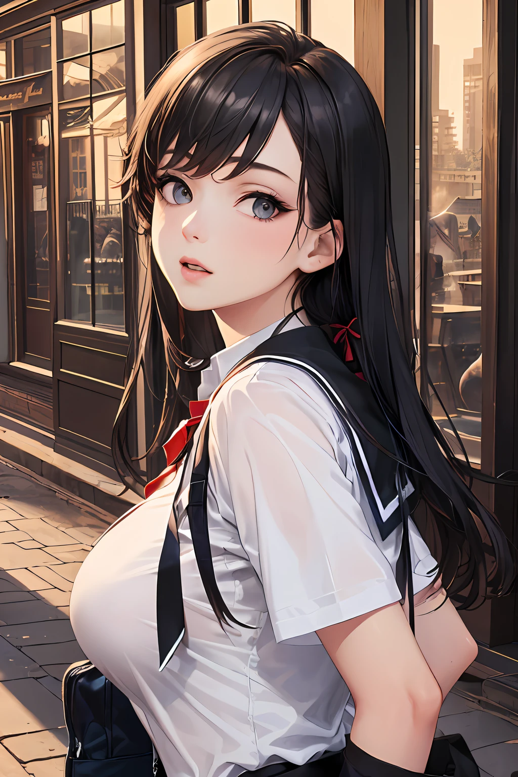 (((Masterpiece, Top Quality, Best Quality, Official Art, Beautiful and Aesthetic: 1.3))), (1 Girl: 1.5), Buttocks, Very Detailed, Sexy, Best Detailed, ((((School Uniform)))), Black Hair, (Shiny Skin), (Many Colors: 1.1), (Big)))), Big Breasts, Thin areola