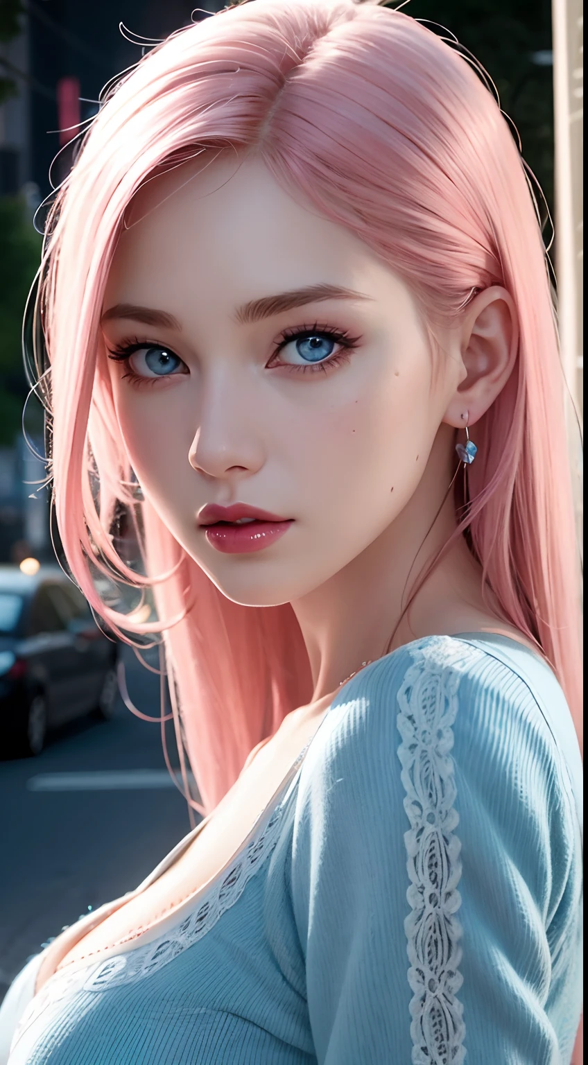 best quality, ultra high res, (photorealistic:1.4), (detailed beautiful girl:1.4), (medium breasts:0.8), looking_at_viewer, Detailed facial details, beautiful detailed eyes,pink hair, blue eyes, slender, haunting smile, (makeup:0.3), red lips, highly detailed clothes, (ulzzang-6500-v1.1:0.3)