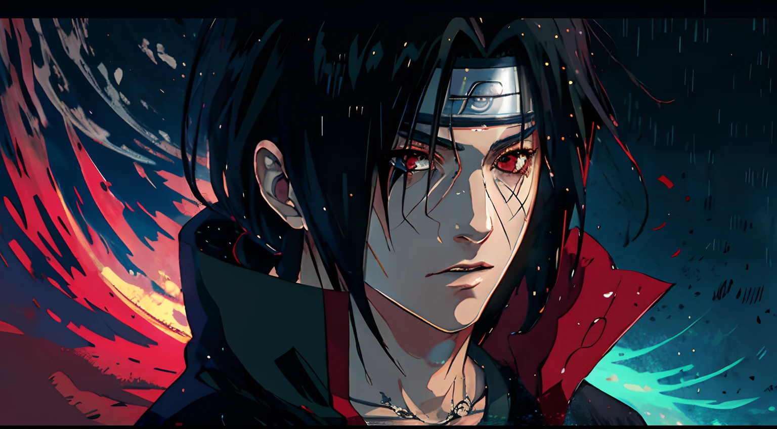 Uchiha Itachi Obra-Prima, 8K, best qualityer, detailed in the rain eyes red shining dark bluish