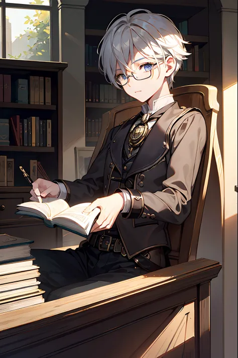 twinks　male people　eye glass　Reading books in the library　steampunc　​masterpiece　Top image quality　Darken shading(light)　Clear　Improves skin texture　cinematic shadow　Increased attractiveness of the eyes　Lustrous hair　Delicate hair　{Perfect face} 　Clear the...