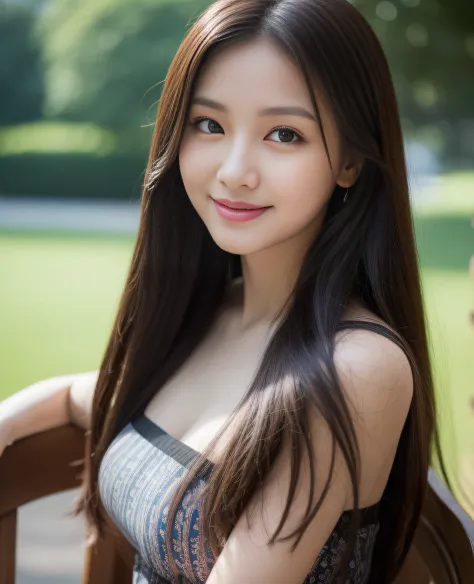 ((Top quality, 8K, Masterpiece: 1.3)), Beauty, Pure, Melon face, Kind and cute, Sweet smile, Pure desire, Slender body, (Front), (Tilted head), ((Looking at camera)) , wearing a patterned dress, black silky long hair, long shoulders, round black big eyes, ...