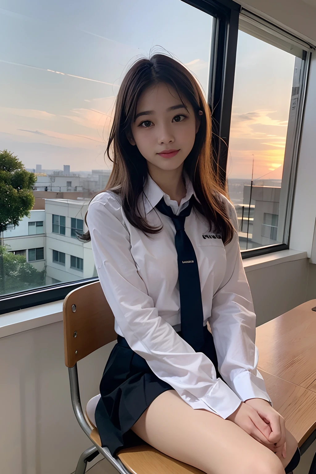 1girl em、japanes、 (standing alone)、(chest shot up)、18 year old schoolgirl、(Sitting in a school chair by the window)、She's looking aunset hits、(Super beautiful girl:1.5)、(A detailed face)、texturized skin、Adult Face、naked legs、brown hair、(schoolar uniform)、middle school、crass room、School Desks and Chairs、The windows are full of residential areas and sunsets.